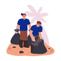 Volunteers clean up the garbage on the beach. Charity donation. Banner. Vector illustration in freehand drawn style