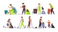 Volunteers clean up household wastes raking sweeping put trash in bags and trash cans Royalty Free Stock Photo