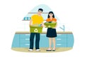 Man and woman clean up house and sort trash in kitchen. Young couple recycle of household waste. Vector flat cartoon illustration. Royalty Free Stock Photo