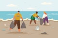 Characters throwing trash on shore polluted with plastic and paper waste vector illustration