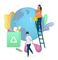 Volunteers cleaning planet Earth globe collecting garbage, vector illustration. Save planet, environment care, ecology.