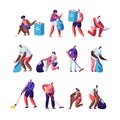 Volunteers Collect Litter Set. People Raking, Sweeping, Put Trash into Bags with Recycle Sign, Pollution with Garbage, Characters Royalty Free Stock Photo