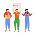 Volunteers collecting donations flat vector illustration