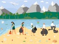 Volunteers collecting garbage into trash bags on beach, flat vector illustration. Ocean coast waste clean up, ecology.