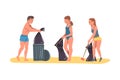 Volunteers Collecting Trash on Beach, Man and Women Cleaning Beach from Garbage, Ecology Protection Concept Cartoon