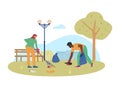 Volunteers or ecologists collecting garbage, flat vector illustration isolated. Royalty Free Stock Photo