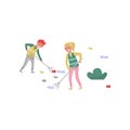 Volunteers gathering garbage on the street using rakes vector Illustration on a white background