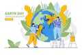 Volunteers healing planet wounds with medical adhesive and caring for planet ecology. Environmental and earth day vector cartoon Royalty Free Stock Photo