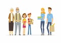 Volunteers help children and seniors - cartoon people characters isolated illustration Royalty Free Stock Photo