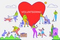 Volunteers help people concept line style, voluntary donation, design cartoon style vector illustration, isolated on