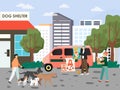 Volunteers helping homeless animals, flat vector illustration. People feeding, walking pet dogs from shelter.
