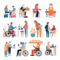 Volunteers helping senior people with disability Flat vector illustration daily activities working AI Generated