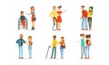 Volunteers Helping and Supporting Disabled People Characters Vector Illustration Set
