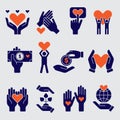 Volunteers icon. Hands hearts donation charity natural symbols of goods vector people volunteers