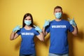 Volunteers in masks and gloves on background. Protective measures during coronavirus quarantine
