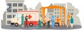 Volunteers medical help people, charity, social volunteering projects flat vector illustration, assistance for ill