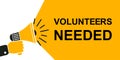 Volunteers needed, promotion with loudspeaker, advertising marketing concept, hand holding megaphone, promotion banner
