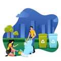 Volunteers picking up plastic garbage outdoor. Volunteering, ecology and environment concept. Vector illustration