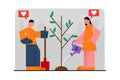 Volunteers plant new trees. Female character is watering seedling. Man is holding shovel