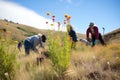 volunteers planting native flowers in protected wildlife habitat