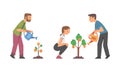 Volunteers planting trees in park or garden in spring. People working together to protect the environment cartoon vector