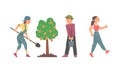 Volunteers planting and watering trees in park or garden in spring cartoon vector illustration Royalty Free Stock Photo
