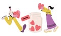 Volunteers putting hearts symbols in glass jar. Give and share your love, hope, support to people