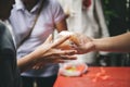 Volunteers serving food for poor people : concept of free food serving Royalty Free Stock Photo