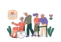 Volunteers take care senior disabled people cartoon vector illustration isolated.