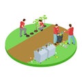 Volunteers take out the trash in the park and plant trees isometric vector concept