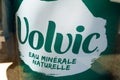 volvic sign and text logo on cafe windows wall of restaurant bar Royalty Free Stock Photo