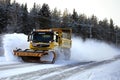 Volvo FM Truck with Snow Plow Clears Winter Road