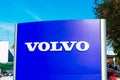 Volvo sign and logo at Swedish automotive manufacturer dealership