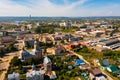 Volzhsk, Russia - August 23, 2021: Panoramic view from drone of Volzhsk city. Russia