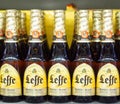 Volzhsky, Russia - apr 26, 2019: Products of hypermarket sale of alcoholic Belgian beer leffe sale of alcoholic Royalty Free Stock Photo