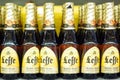 Volzhsky, Russia - apr 26, 2019: Products of hypermarket sale of alcoholic Belgian beer leffe sale of alcoholic beverages in the Royalty Free Stock Photo