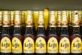 Volzhsky, Russia - apr 26, 2019: Products of hypermarket sale of alcoholic Belgian beer leffe sale of alcoholic beverages in the Royalty Free Stock Photo