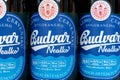 Volzhsky, Russia-September 21, 2021: Bottles of Budvar nealko non-alcoholic, produced in Ceske bUdejovice by Budweiser