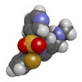 Vonoprazan drug molecule. 3D rendering. Atoms are represented as spheres with conventional color coding: hydrogen white, carbon