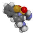 Vonoprazan drug molecule. 3D rendering. Atoms are represented as spheres with conventional color coding: hydrogen white, carbon