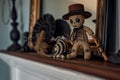 voodoo doll with a miniature hat and cane on a mantle Royalty Free Stock Photo