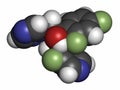 Voriconazole antifungal drug molecule triazole class. Atoms are represented as spheres with conventional color coding: hydrogen.