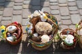 Voroblevychi village, Drohobych district, Ukraine - April 07, 2018: Easter baskets with food