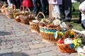 Voroblevychi village, Drohobych district, Ukraine - April 07, 2018: Easter baskets with food near church