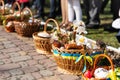 Easter baskets with food are ready for consecration. Christian traditions of celebration of Easter in Ukraine