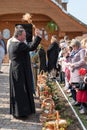 Voroblevychi village, Drohobych district, Western Ukraine - April 07, 2018: Priest consecrates Easter baskets