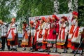 Voronezh, Russia - Circa, 2012: Traditional Russian folklore ensemble at the fair, singers in traditional Russian ethnic