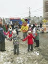 Voronezh RUSSIA.05 03 2019 Festival of winter wires Skomorokhi having fun with children