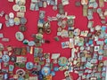 Voronezh, Russia - 06.04.2022 : many of vintage ussr badges on flea market or thrift shop