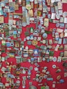 Voronezh, Russia - 06.04.2022 : many of vintage ussr badges on flea market or thrift shop.